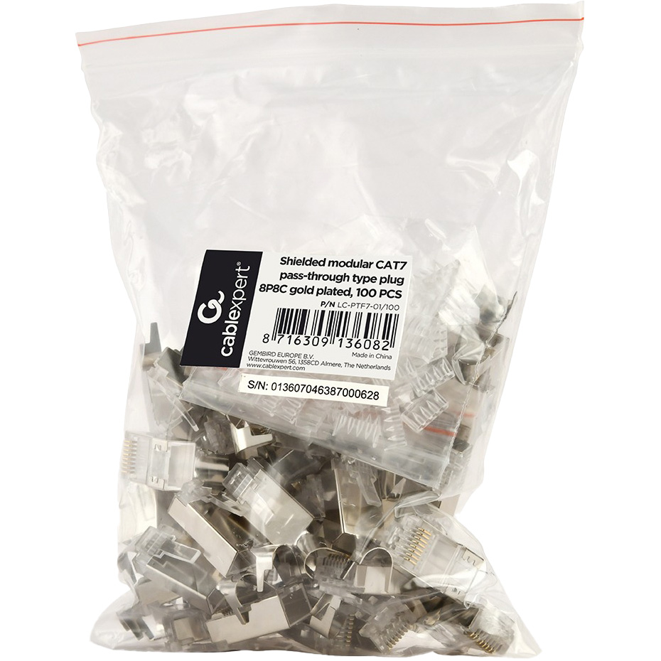 Коннектор сквозной CABLEXPERT RJ-45 FTP Cat.7 100шт/уп Silver (LC-PTF7-01/100)
