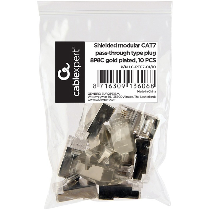 Коннектор сквозной CABLEXPERT RJ-45 FTP Cat.7 10шт/уп Silver (LC-PTF7-01/10)