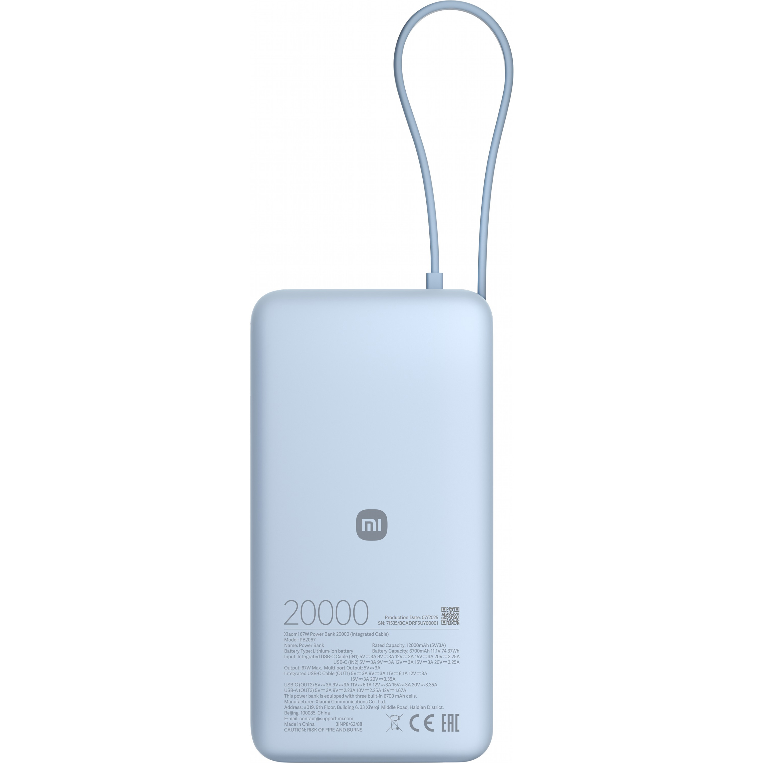 Повербанк XIAOMI Power Bank with Integrated Type-C Cable 67W 20000mAh Ice Blue (BHR08O8GL)