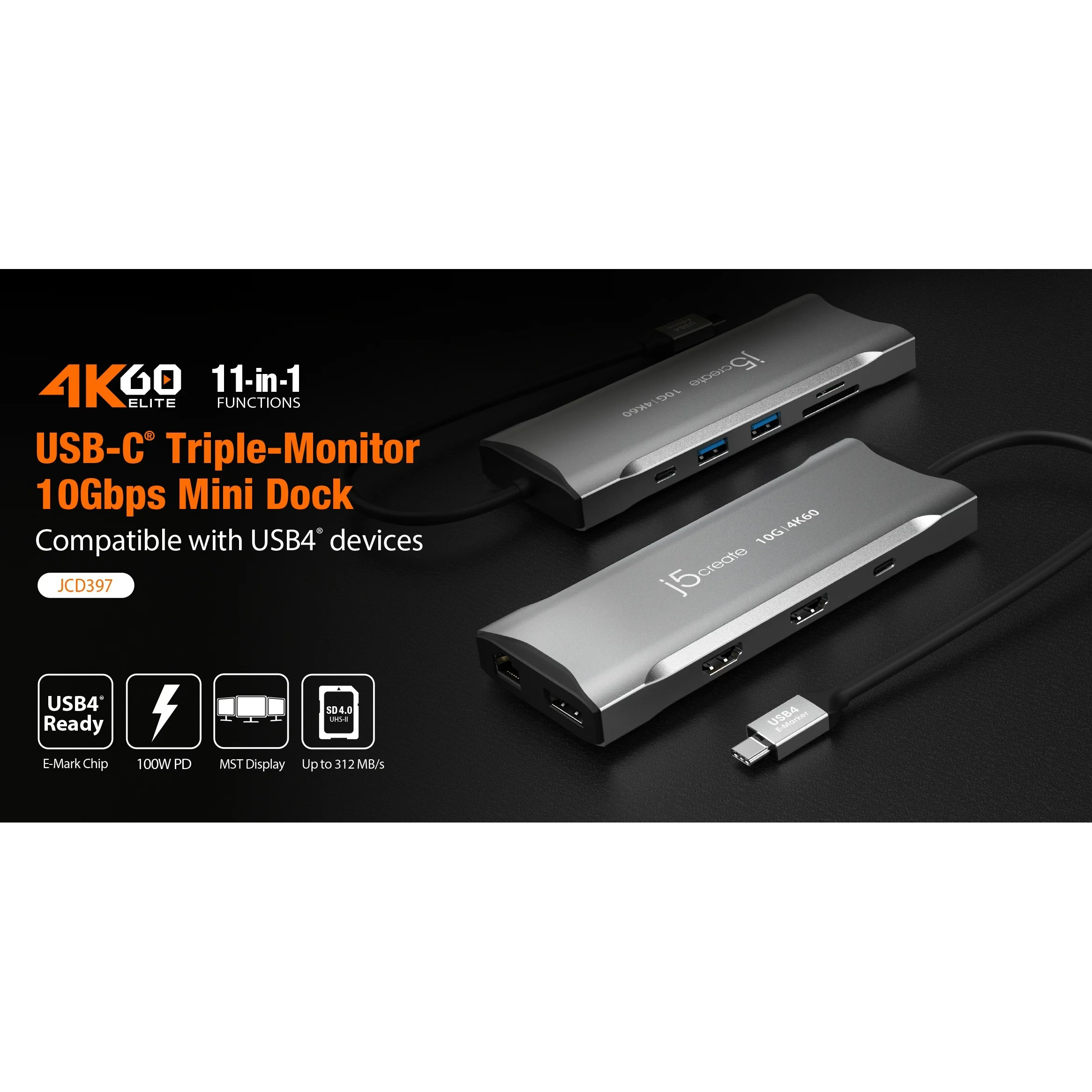 Порт-репликатор J5CREATE 11-in-1 USB-C 4K60 Elite Multi-Monitor Mini Dock (JCD397-N)