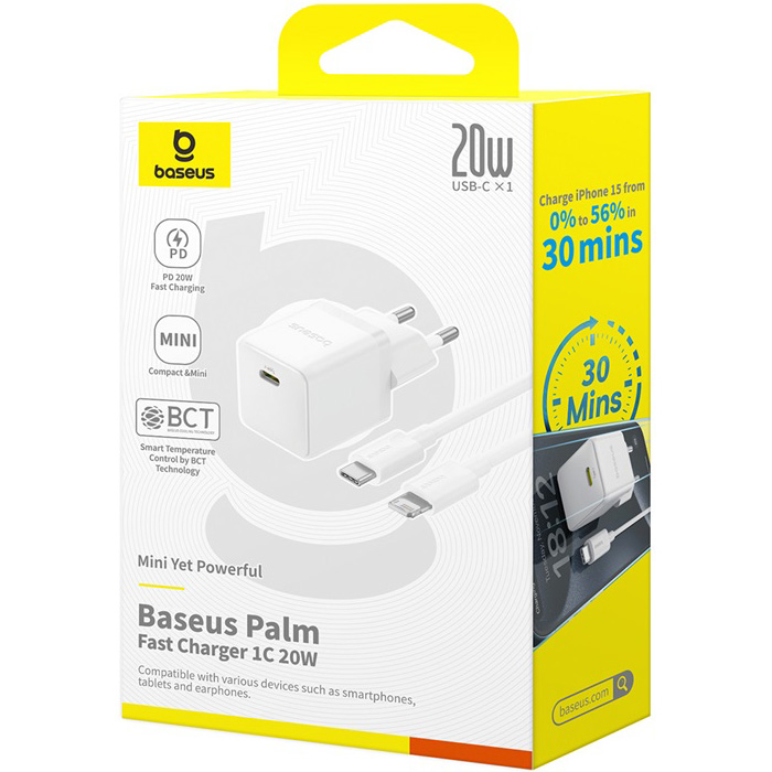 Зарядний пристрій BASEUS Palm Fast Charger 1C 20W EU Moon White w/Type-C to Lightning cable (E0116400)