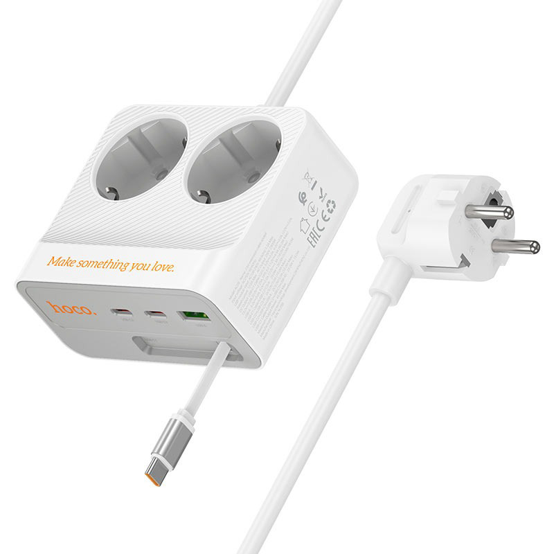Мережевий фільтр HOCO AC28 Descanso White, 2 розетки, 2xUSB-C, 1xUSB-C cable, 1xUSB, 2м
