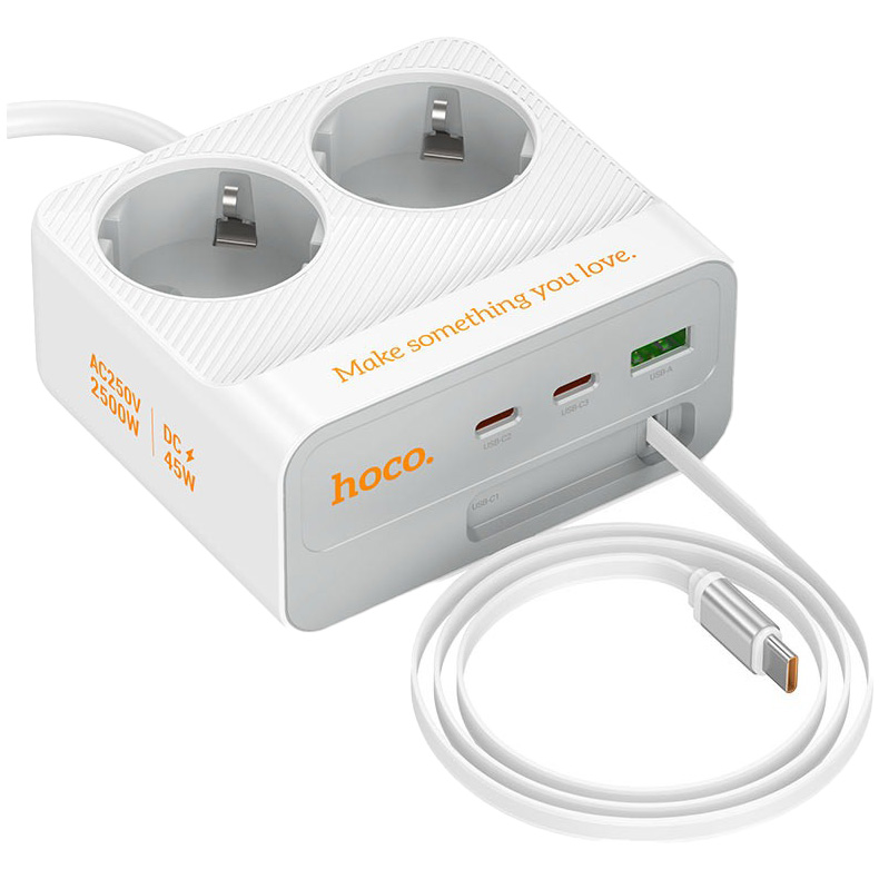 Мережевий фільтр HOCO AC28 Descanso White, 2 розетки, 2xUSB-C, 1xUSB-C cable, 1xUSB, 2м
