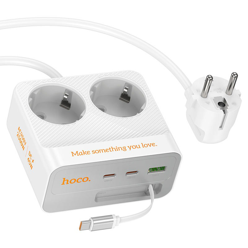 Мережевий фільтр HOCO AC28 Descanso White, 2 розетки, 2xUSB-C, 1xUSB-C cable, 1xUSB, 2м
