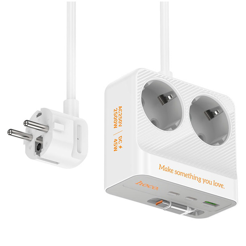 Мережевий фільтр HOCO AC28 Descanso White, 2 розетки, 2xUSB-C, 1xUSB-C cable, 1xUSB, 2м