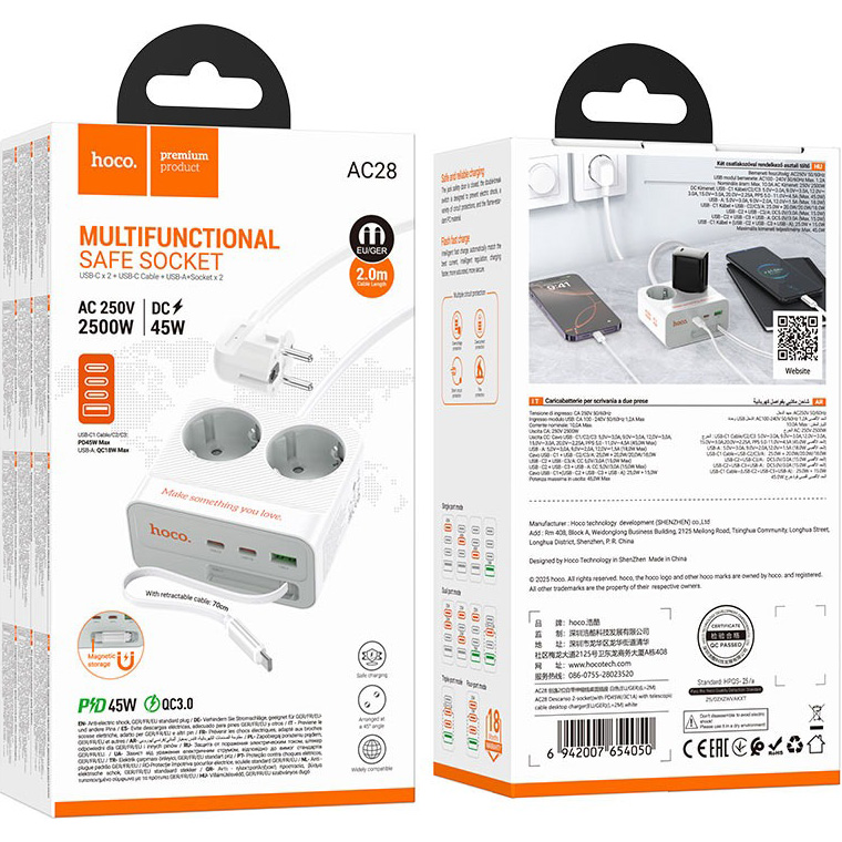 Мережевий фільтр HOCO AC28 Descanso White, 2 розетки, 2xUSB-C, 1xUSB-C cable, 1xUSB, 2м