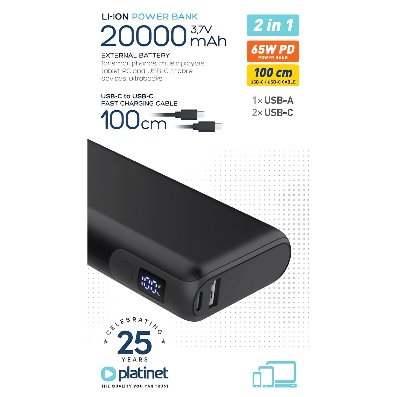 Повербанк PLATINET Powerbank QC 3.0, PD 65W 20000mAh Black (PMPB20DL202B)