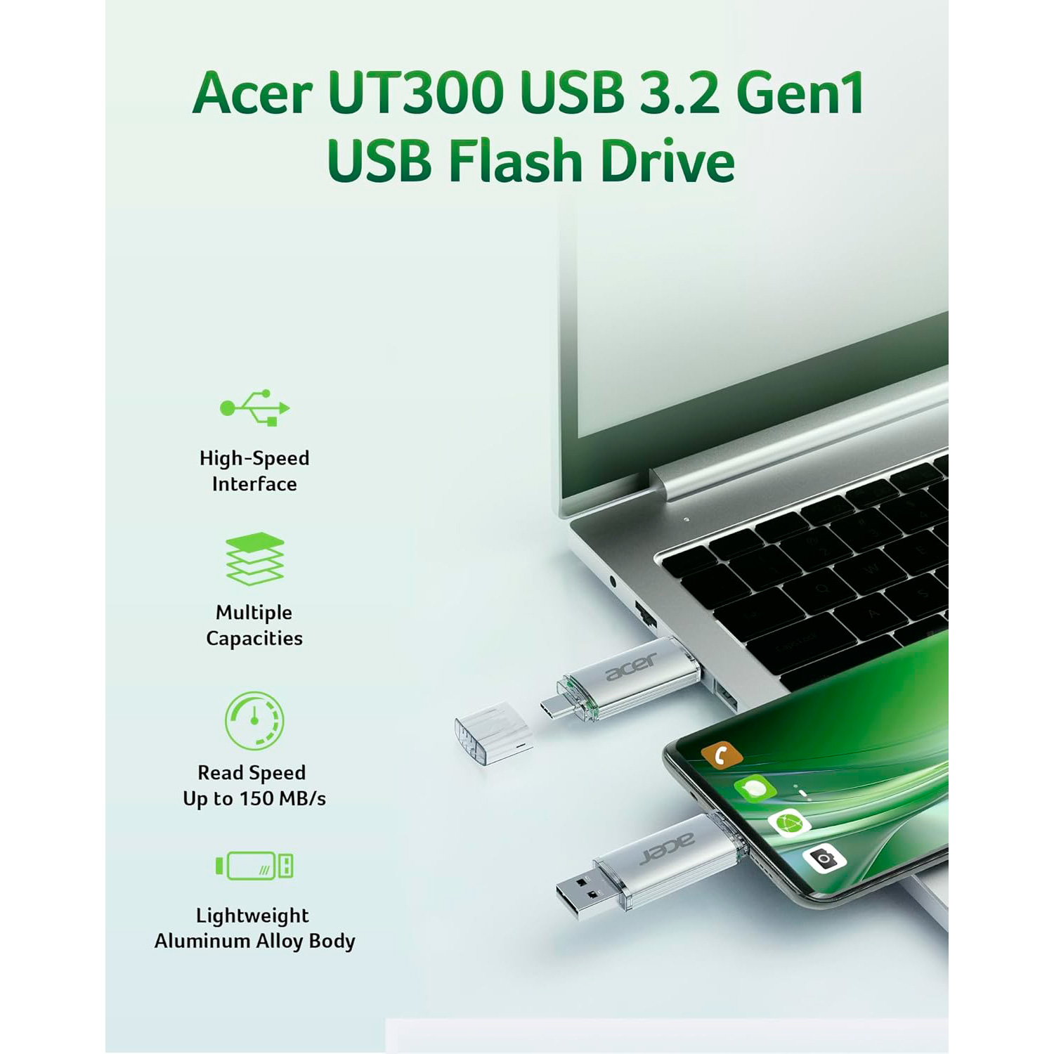 Флешка 256GB ACER UT300 USB 3.2 Type-C/USB-A (UT300-256GB)