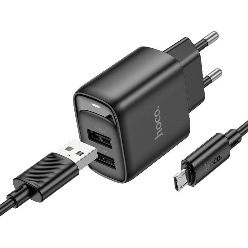 Зарядний пристрій HOCO C141A Smart 2xUSB-A,10.5W Black w/Micro-USB cable (6942007627887)