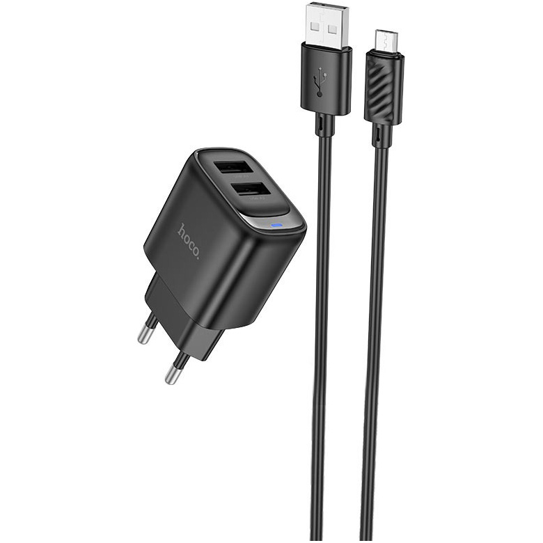 Зарядний пристрій HOCO C141A Smart 2xUSB-A,10.5W Black w/Micro-USB cable (6942007627887)