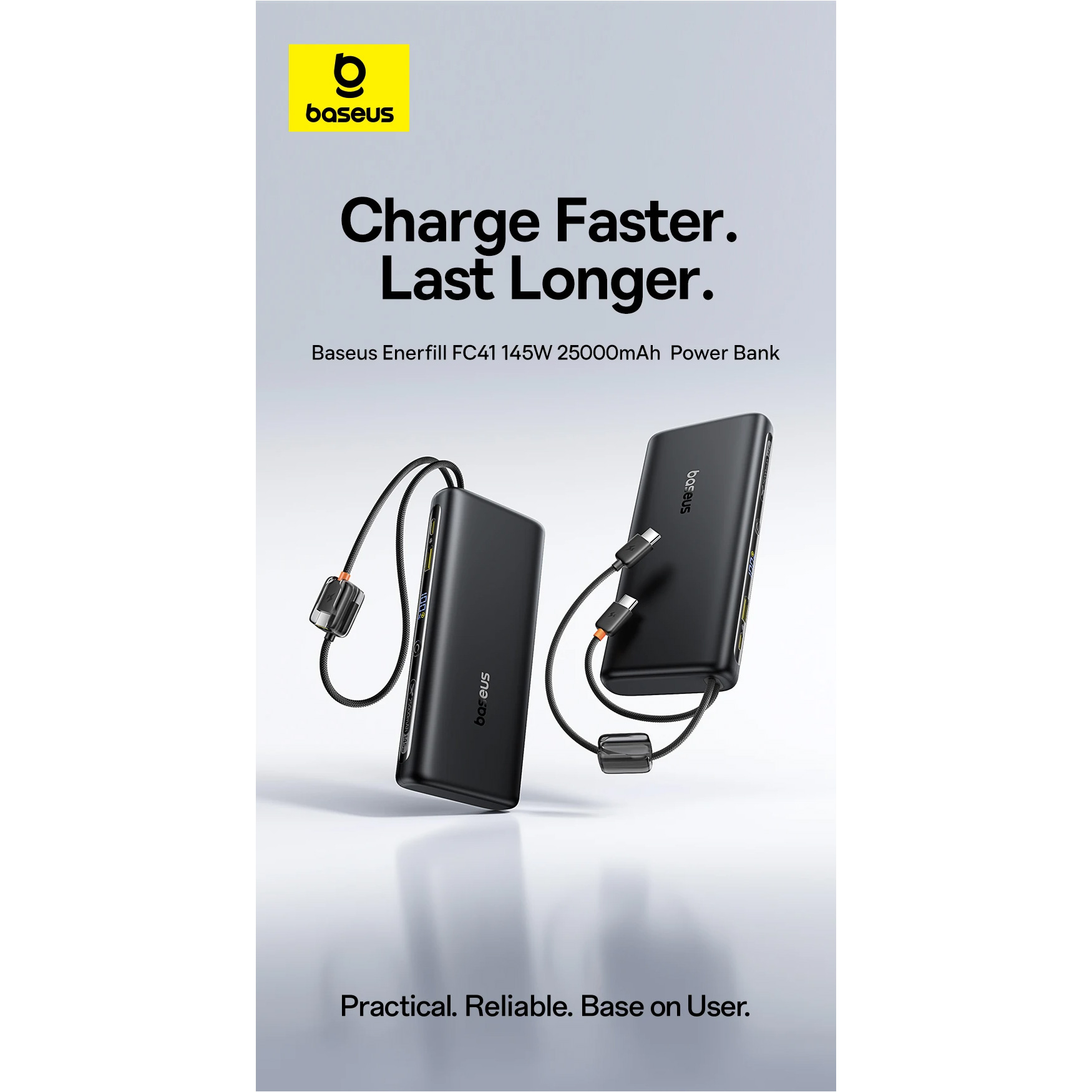 Повербанк BASEUS EnerFill FC41 Digital Display Power Bank with Dual Built-in USB-C Cables 145W 25000mAh Cosmic Black (E0028H01)