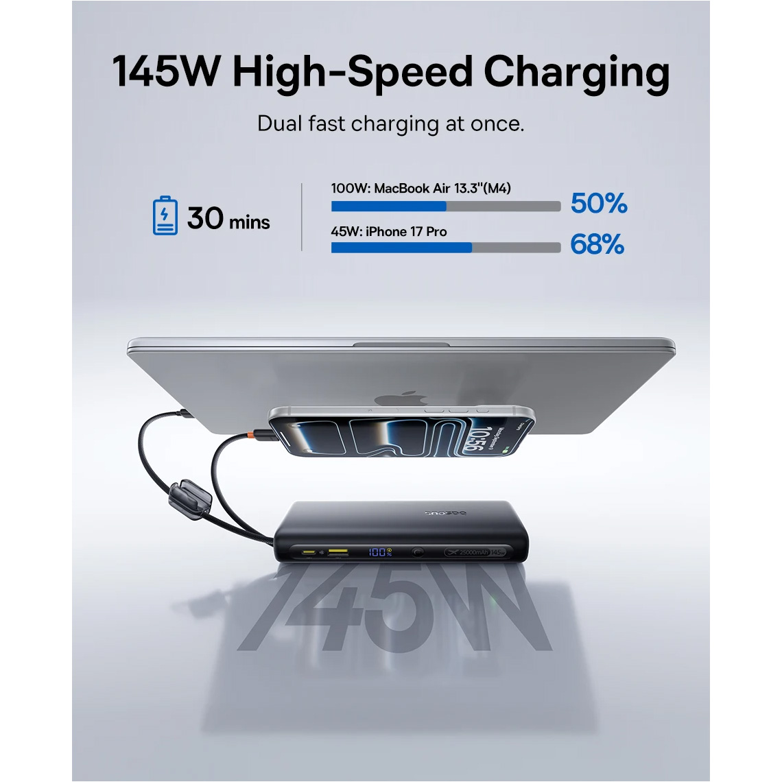 Повербанк BASEUS EnerFill FC41 Digital Display Power Bank with Dual Built-in USB-C Cables 145W 25000mAh Cosmic Black (E0028H01)
