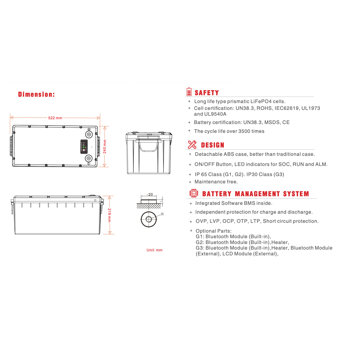 Акумуляторна батарея RITAR LiFePO4 LFP12.8V200Ah G3 (12.8В, 200Агод)