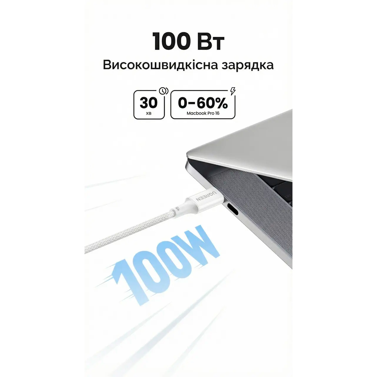 Кабель UGREEN USB-C to USB-C 100W 2м White (35221)