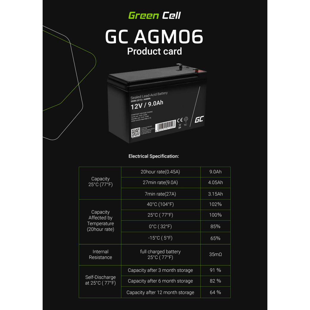 Аккумуляторная батарея GREEN CELL 12V 9.0Ah (12В, 9Ач)