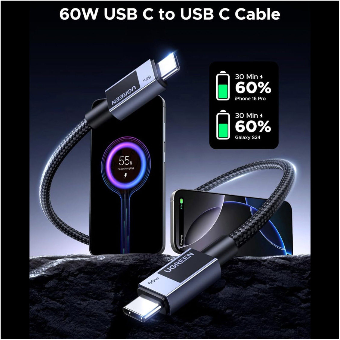 Кабель UGREEN USB-C to USB-C 60W 2м Space Gray (55775)