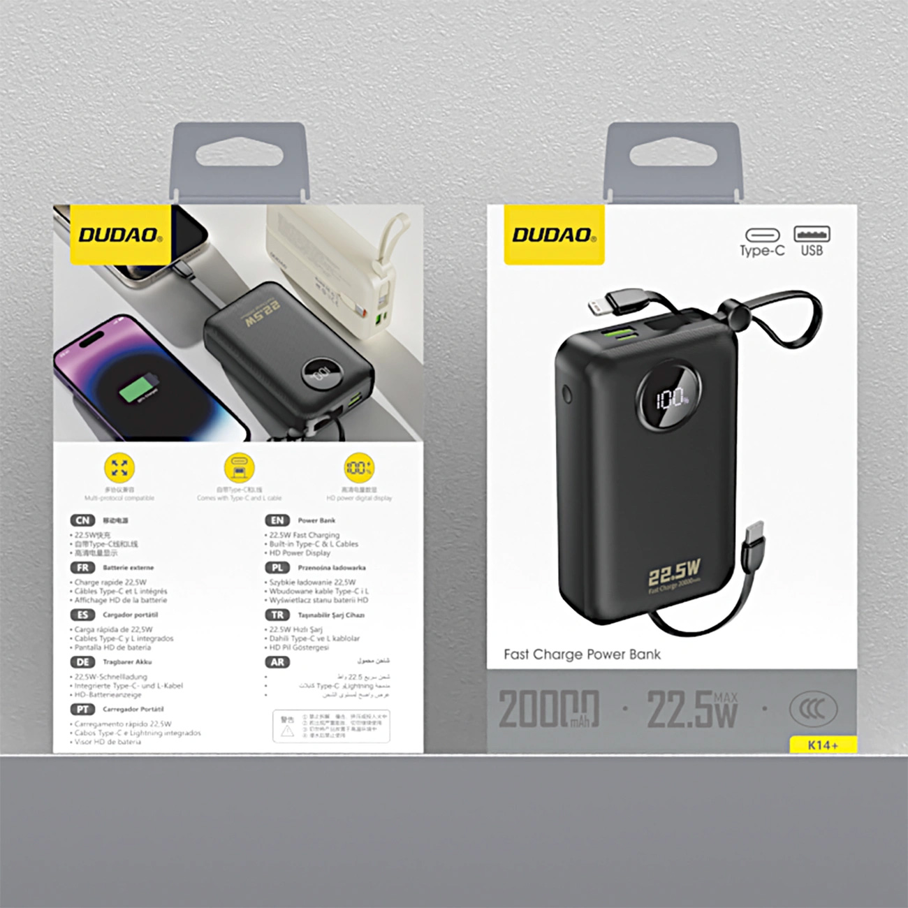 Повербанк DUDAO K14+ 1xUSB-C, 1xUSB-A w/2 cables 22.5W 20000mAh Black (6977196680016)
