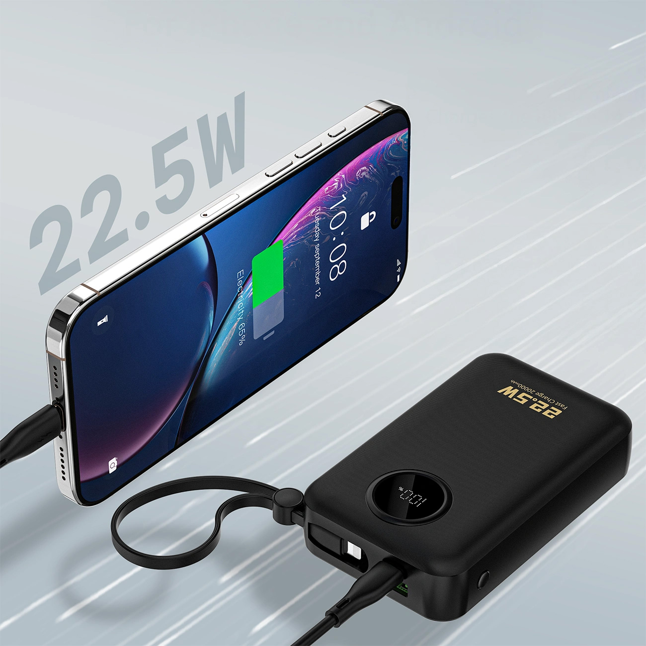 Повербанк DUDAO K14+ 1xUSB-C, 1xUSB-A w/2 cables 22.5W 20000mAh Black (6977196680016)