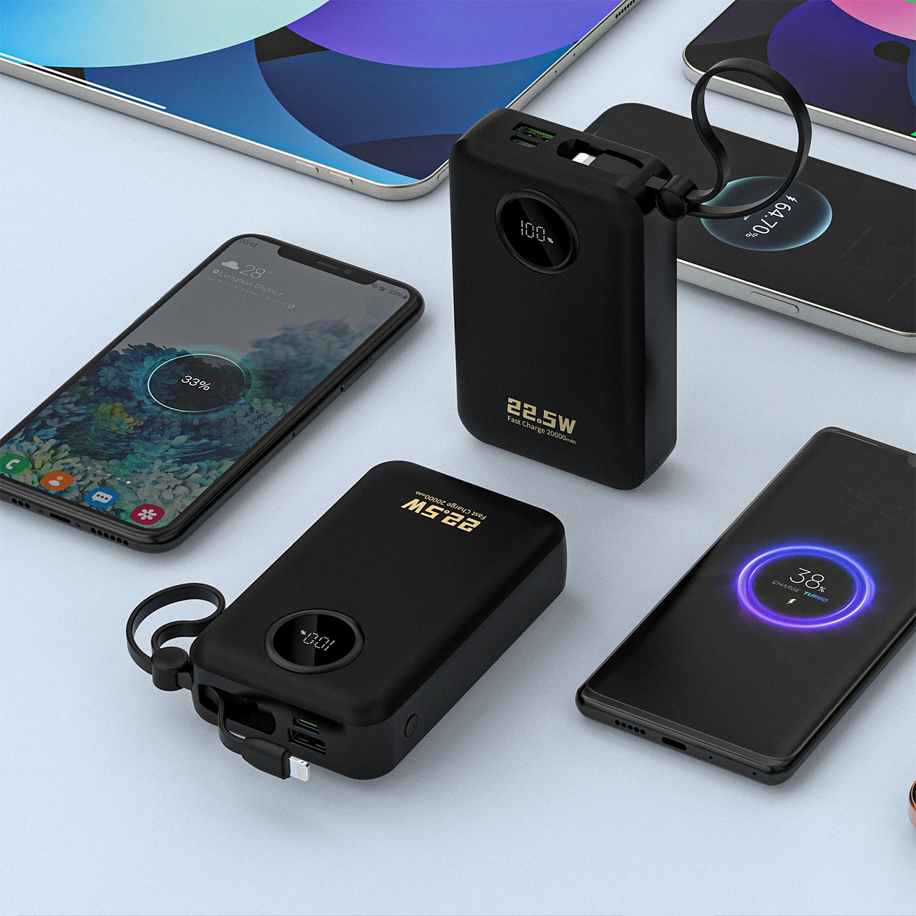 Повербанк DUDAO K14+ 1xUSB-C, 1xUSB-A w/2 cables 22.5W 20000mAh Black (6977196680016)