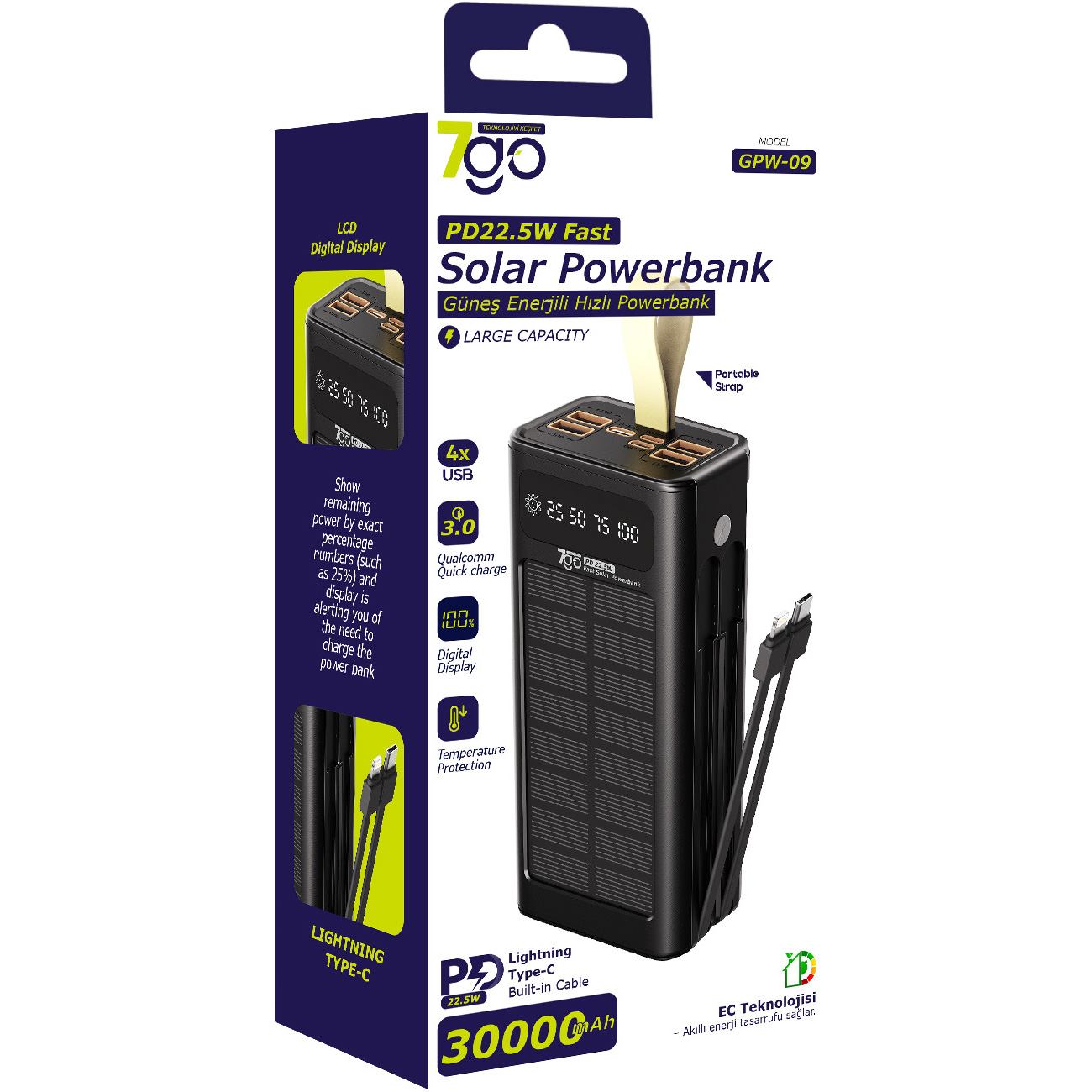 Повербанк з сонячною батареєю 7GO GPW-09 22.5W 30000mAh Black
