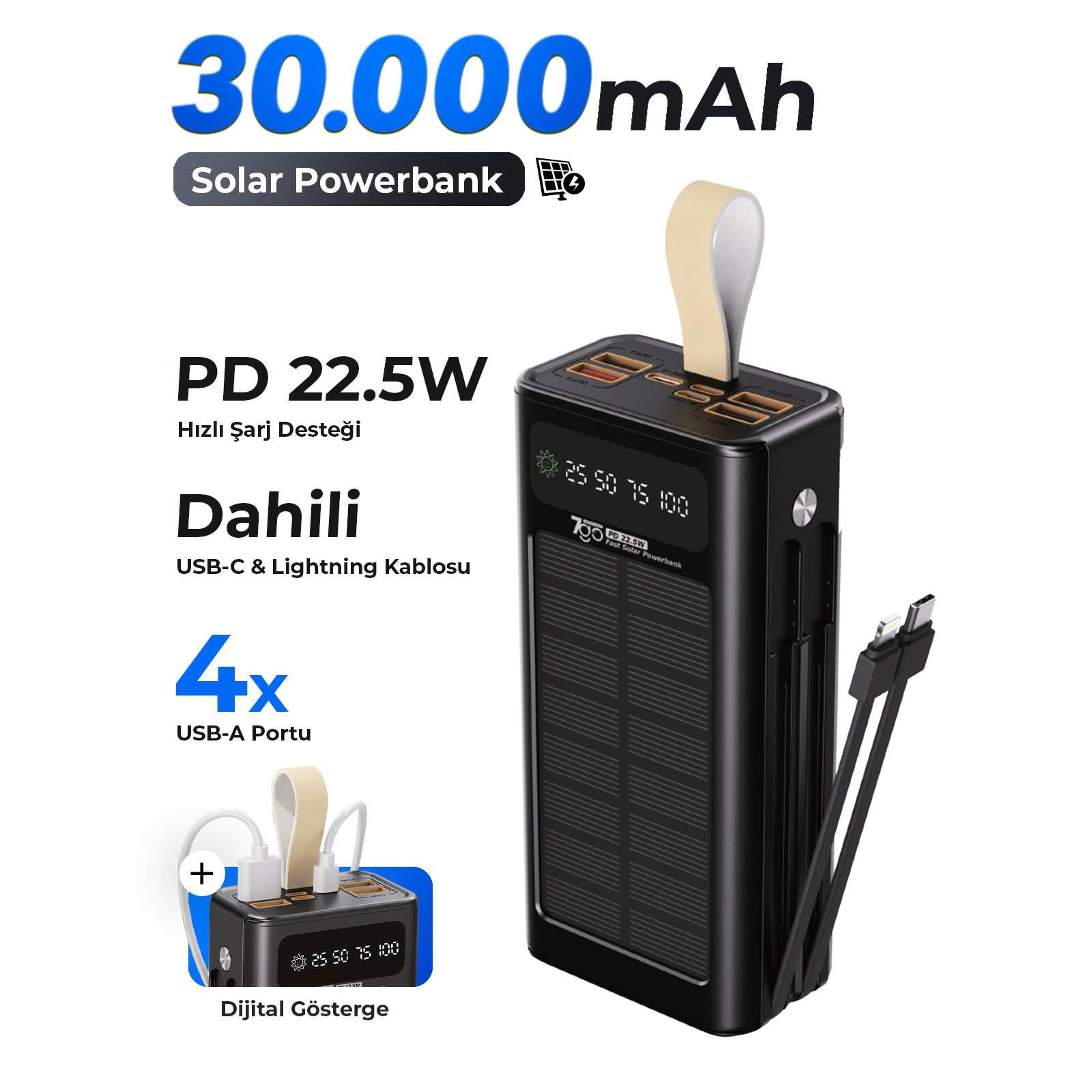 Повербанк з сонячною батареєю 7GO GPW-09 22.5W 30000mAh Black