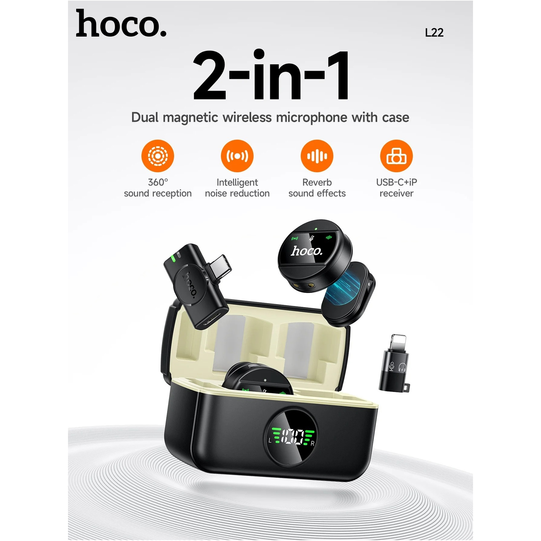 Беспроводной петличный микрофон HOCO L22 Bright Dual-mic Lightning/Type-C Black