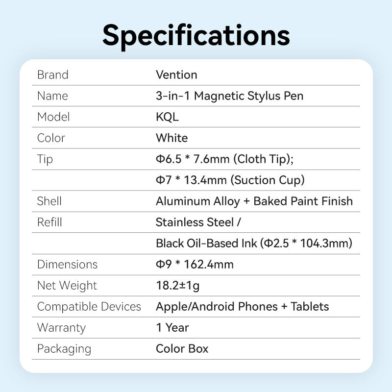 Стилус VENTION 3-in-1 Magnetic Stylus Pen Aluminum Alloy White