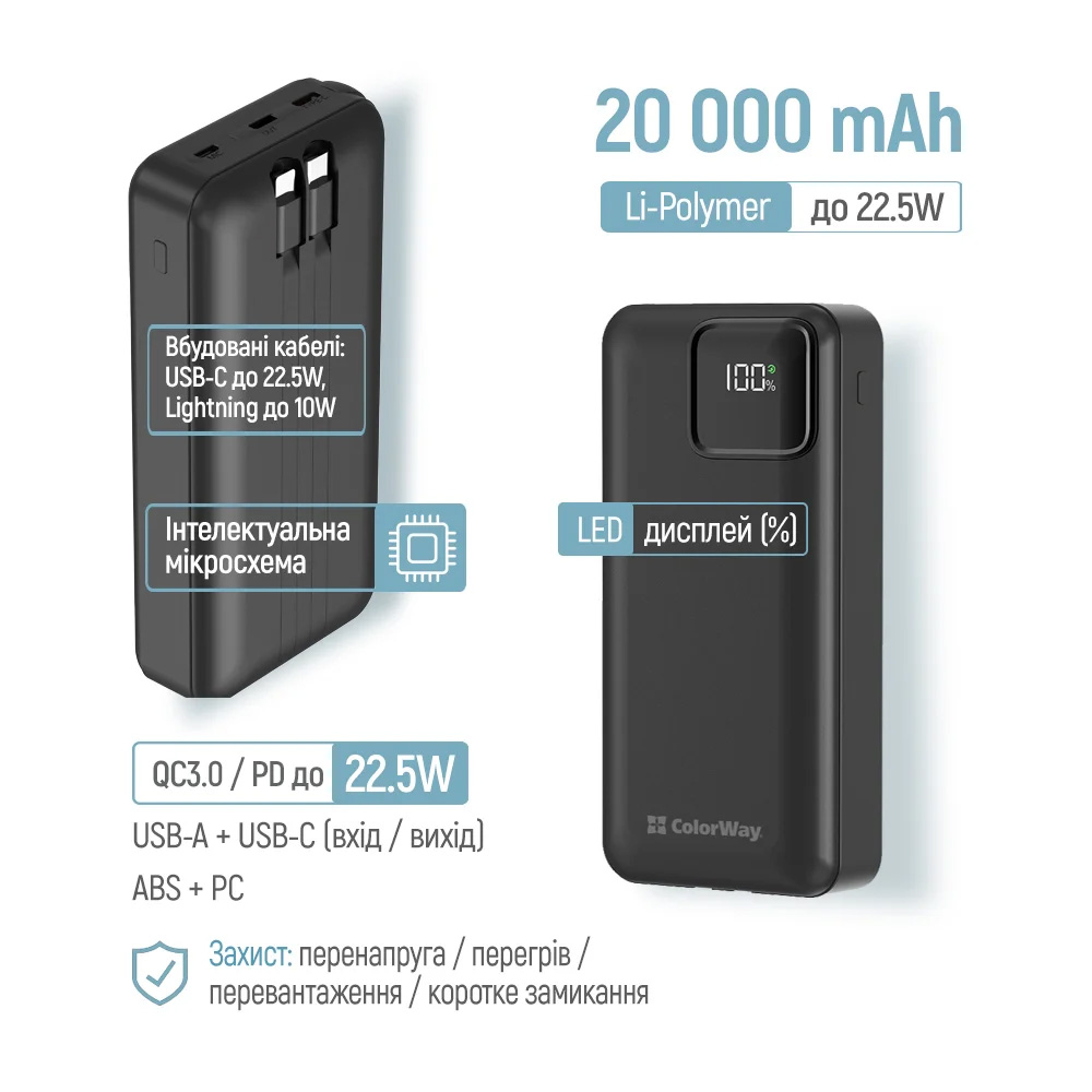 Повербанк COLORWAY Optimal Power 22.5W 20000mAh (CW-PB200LPB5BK-PDD)