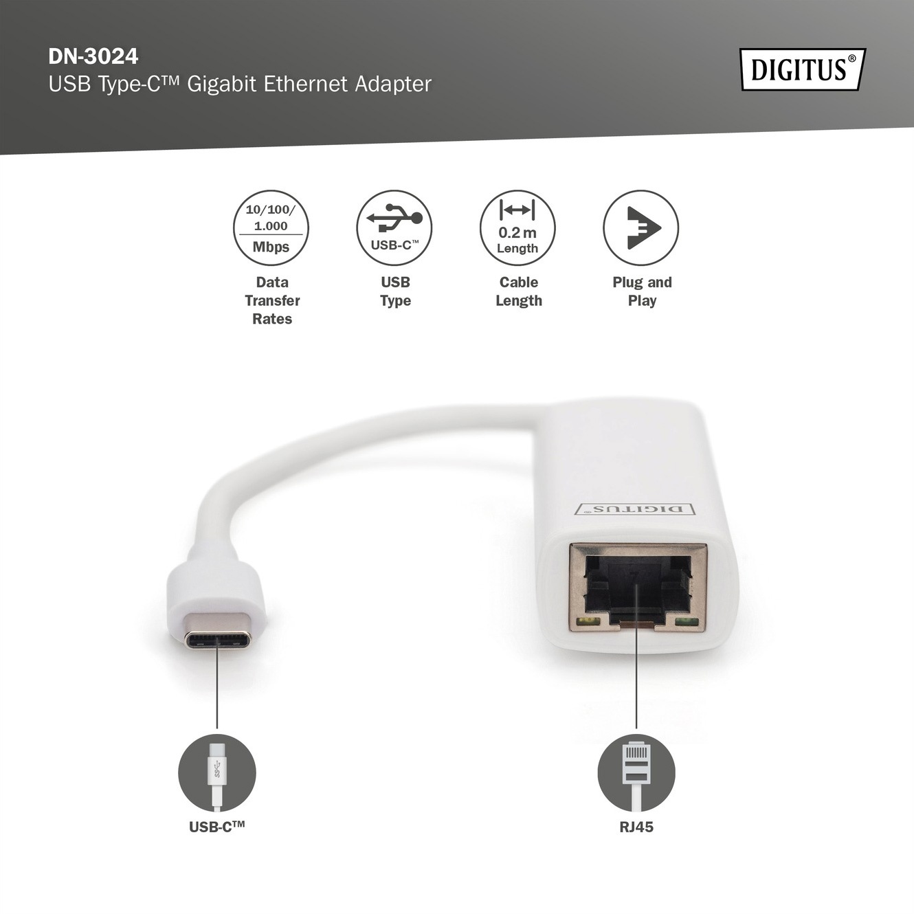 Мережевий адаптер DIGITUS USB Type C 3.0 Gigabit Ethernet Adapter White (DN-3024)