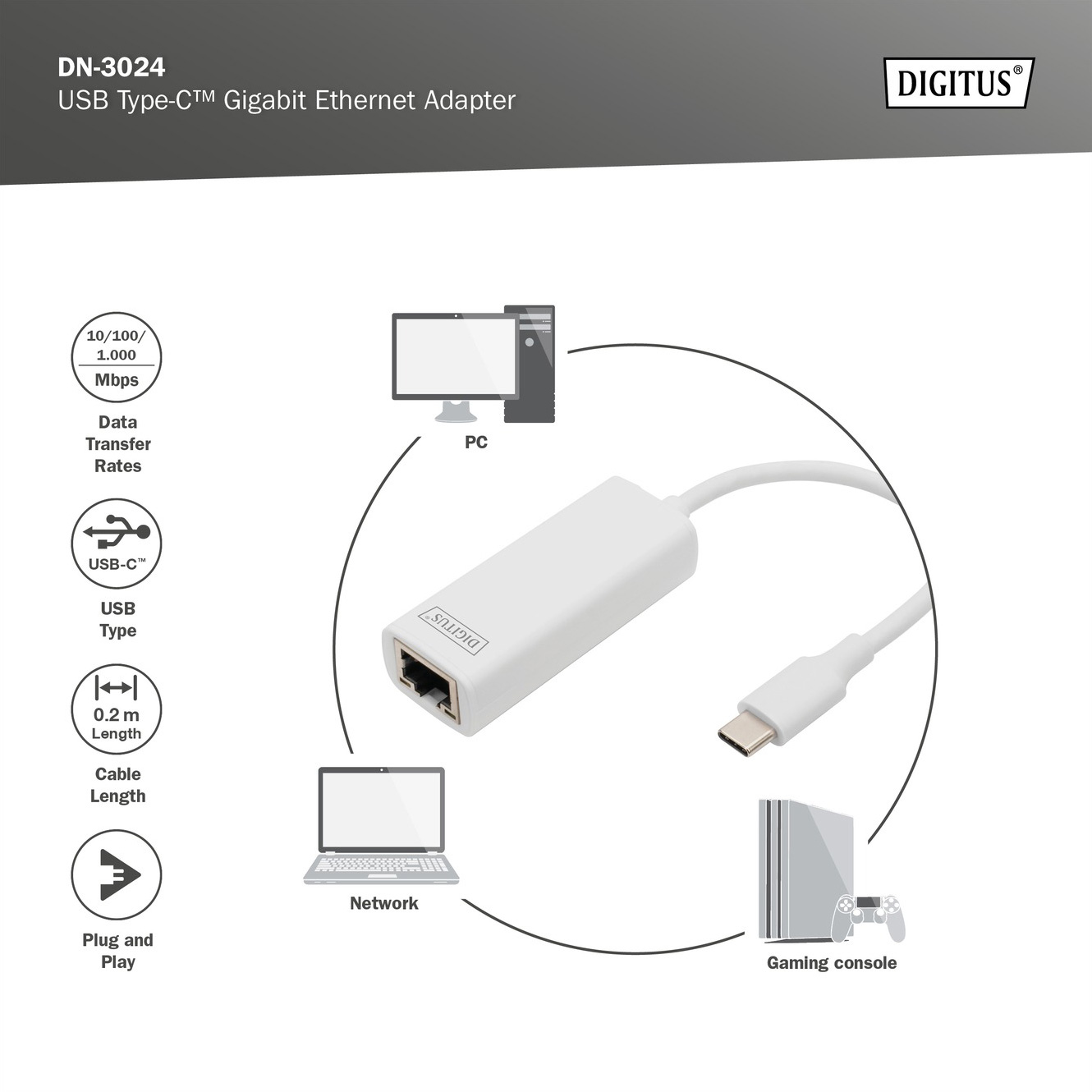 Мережевий адаптер DIGITUS USB Type C 3.0 Gigabit Ethernet Adapter White (DN-3024)