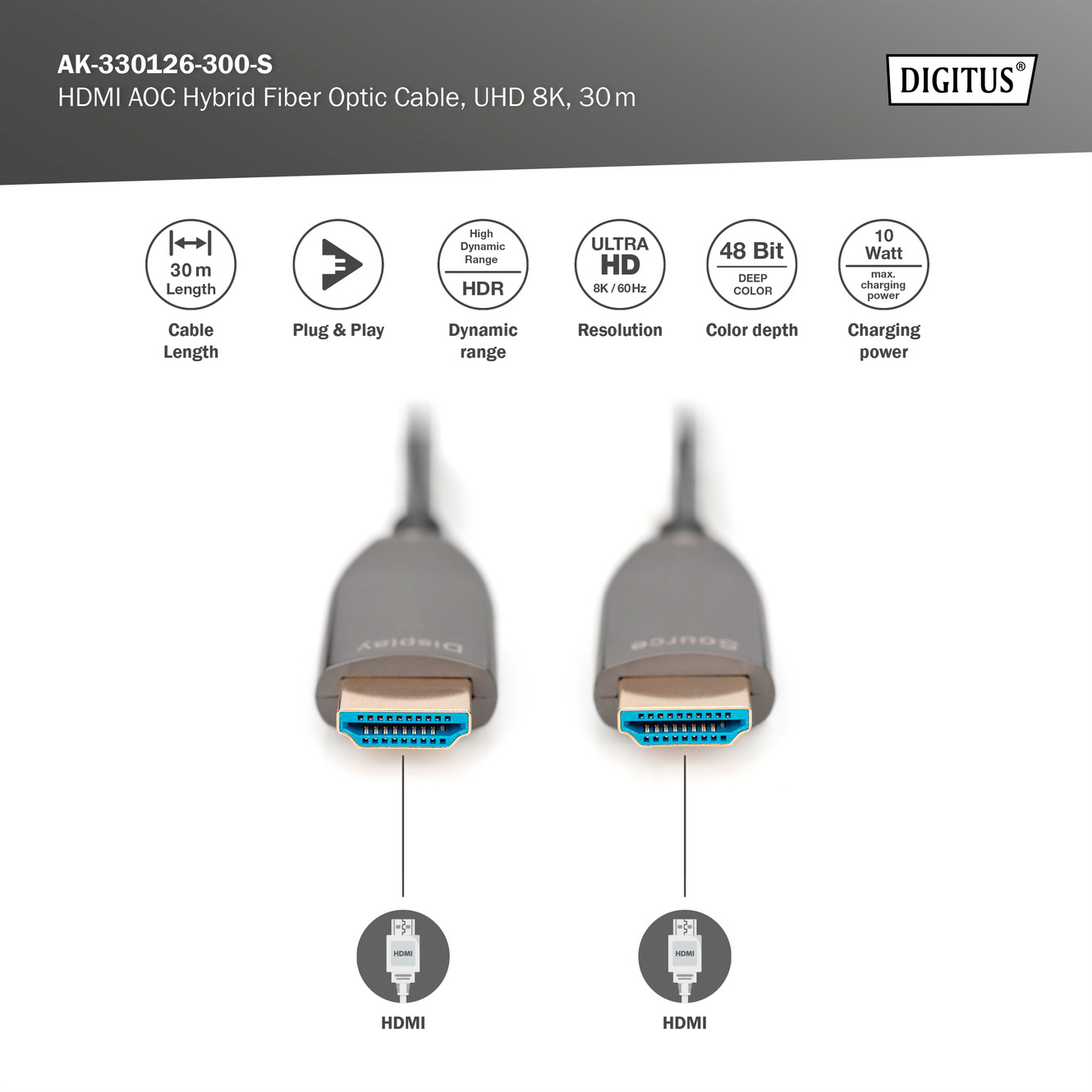 Кабель оптичний (AOC) DIGITUS HDMI AOC, UHD 8K HDMI v2.1 30м Black (AK-330126-300-S)