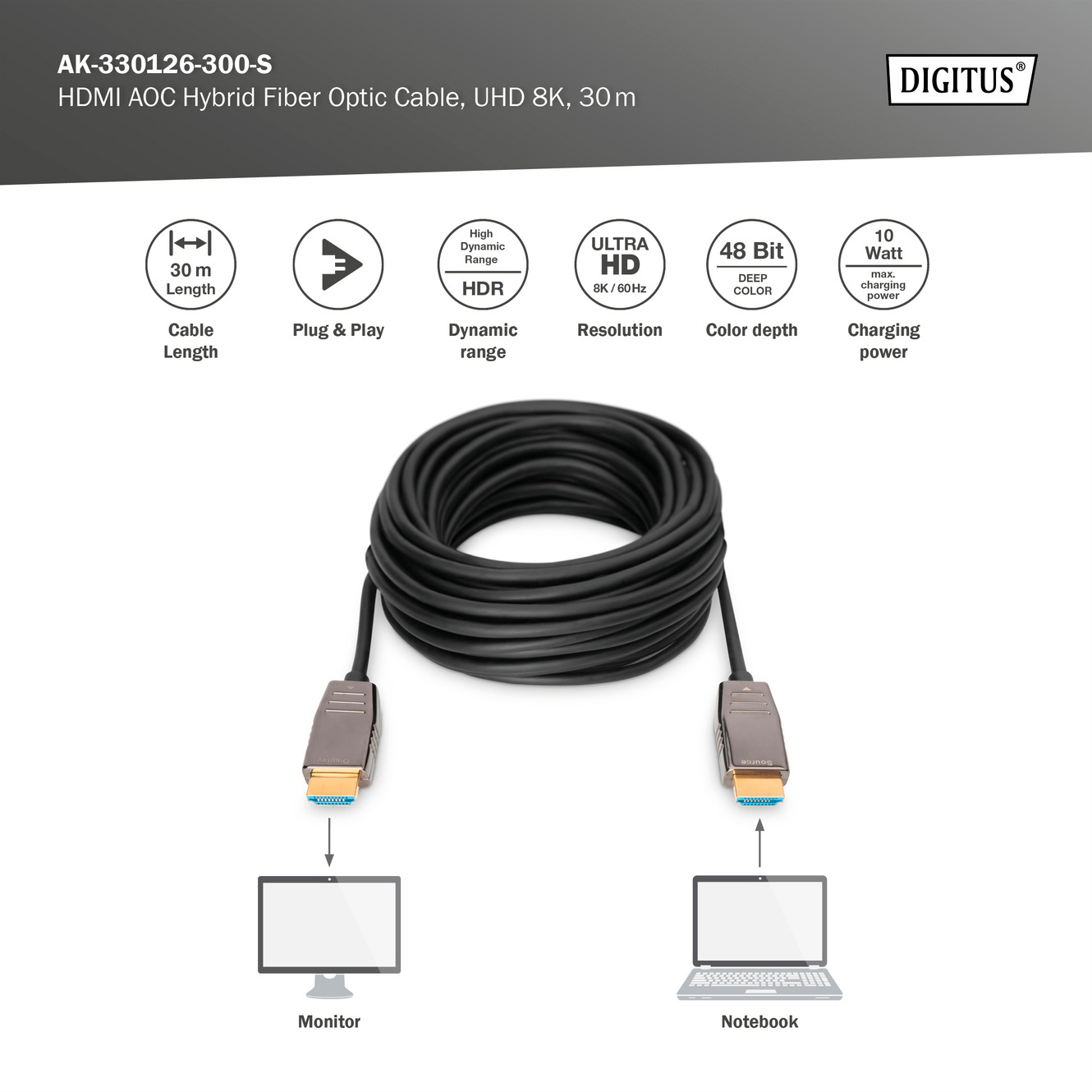 Кабель оптичний (AOC) DIGITUS HDMI AOC, UHD 8K HDMI v2.1 30м Black (AK-330126-300-S)