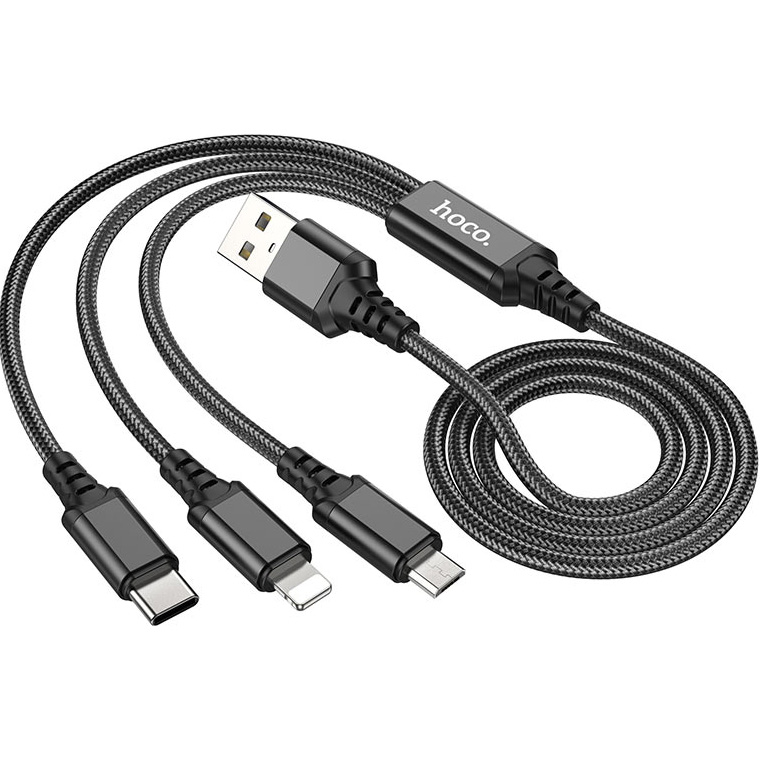 Кабель HOCO X76 3-in-1 Super USB to Lightning+Micro+Type-C 2A 1м Black