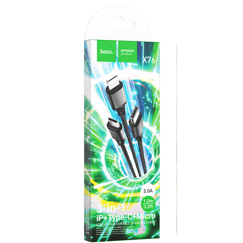 Кабель HOCO X76 3-in-1 Super USB to Lightning+Micro+Type-C 2A 1м Black