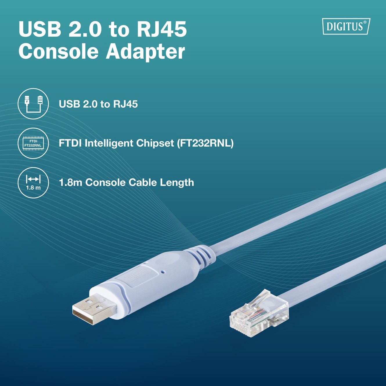 Кабель консольний DIGITUS USB - RJ45, chip FT232RNL 1.8м Light Blue (DA-70173)