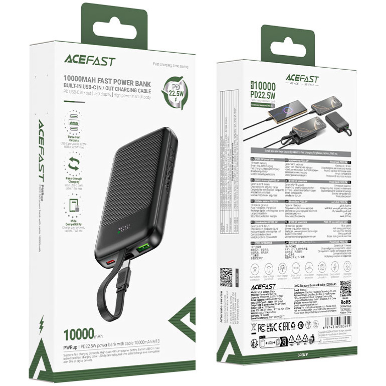 Повербанк ACEFAST M13 Fast Charge Power Bank PD22.5W 10000mAh Black
