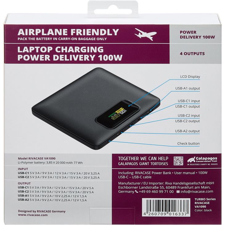 Повербанк RIVACASE Rivapower VA1090 QC/PD 100W 20000mAh Black