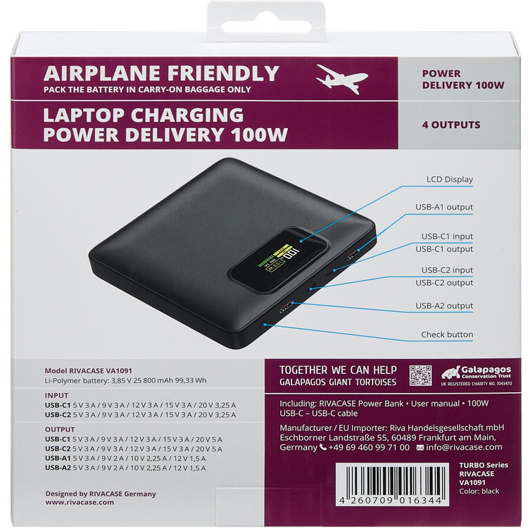 Повербанк RIVACASE Rivapower VA1091 QC/PD 100W 25800mAh Black
