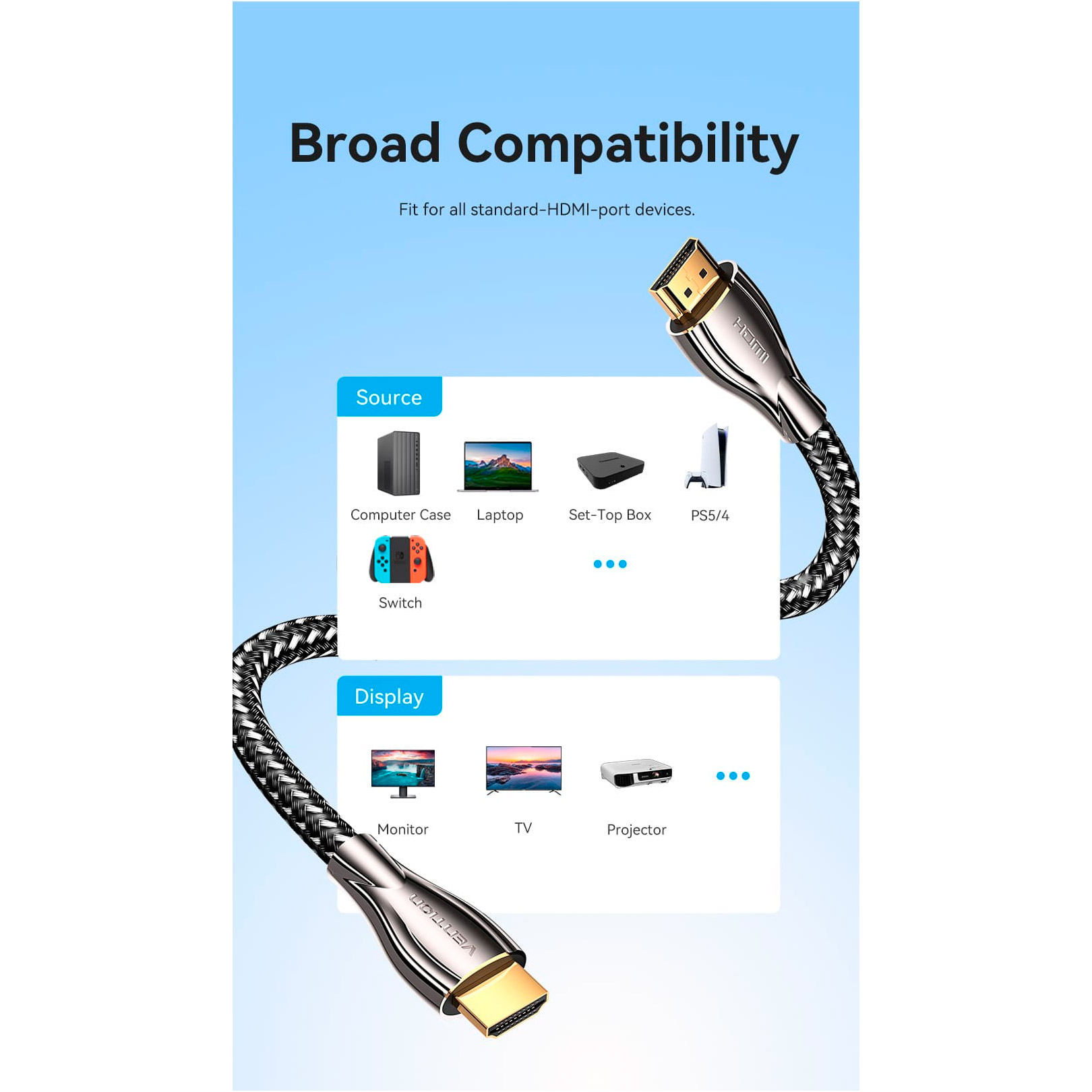 Кабель VENTION Cotton Braided 4K HDMI v2.0 1м Zinc Alloy Type Black (ALMBF)