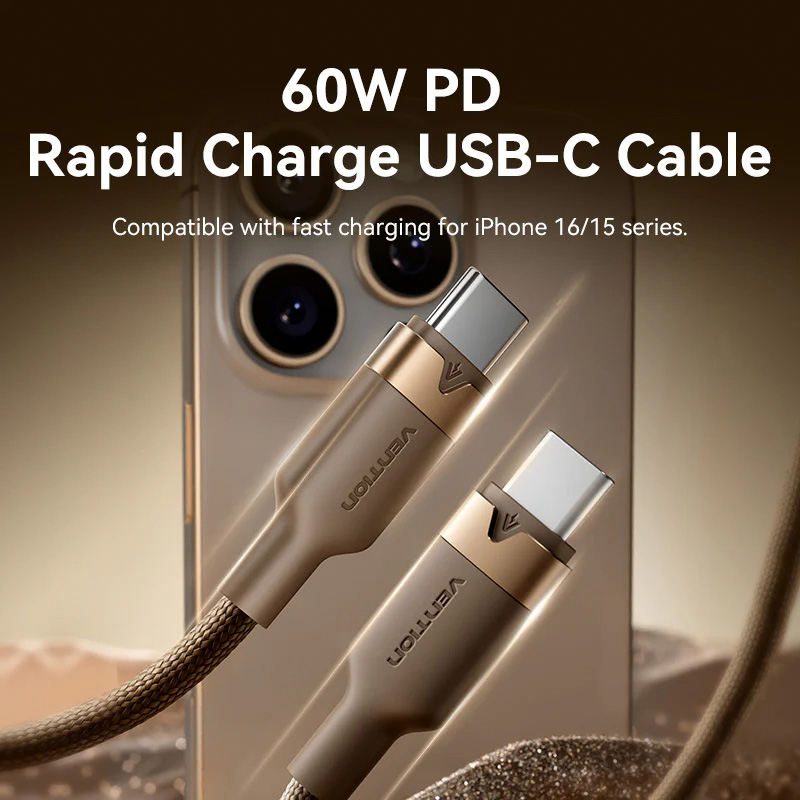 Кабель VENTION USB2.0 Type-C to Type-C PD 60W 3A 1м Gold (TRDJF)