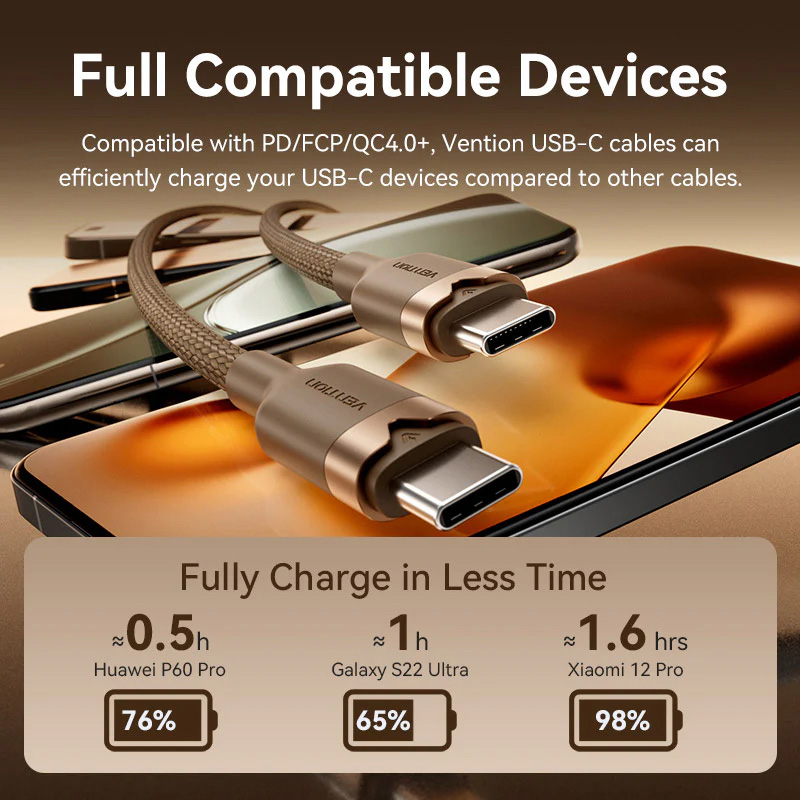 Кабель VENTION USB2.0 Type-C to Type-C PD 60W 3A 1м Gold (TRDJF)