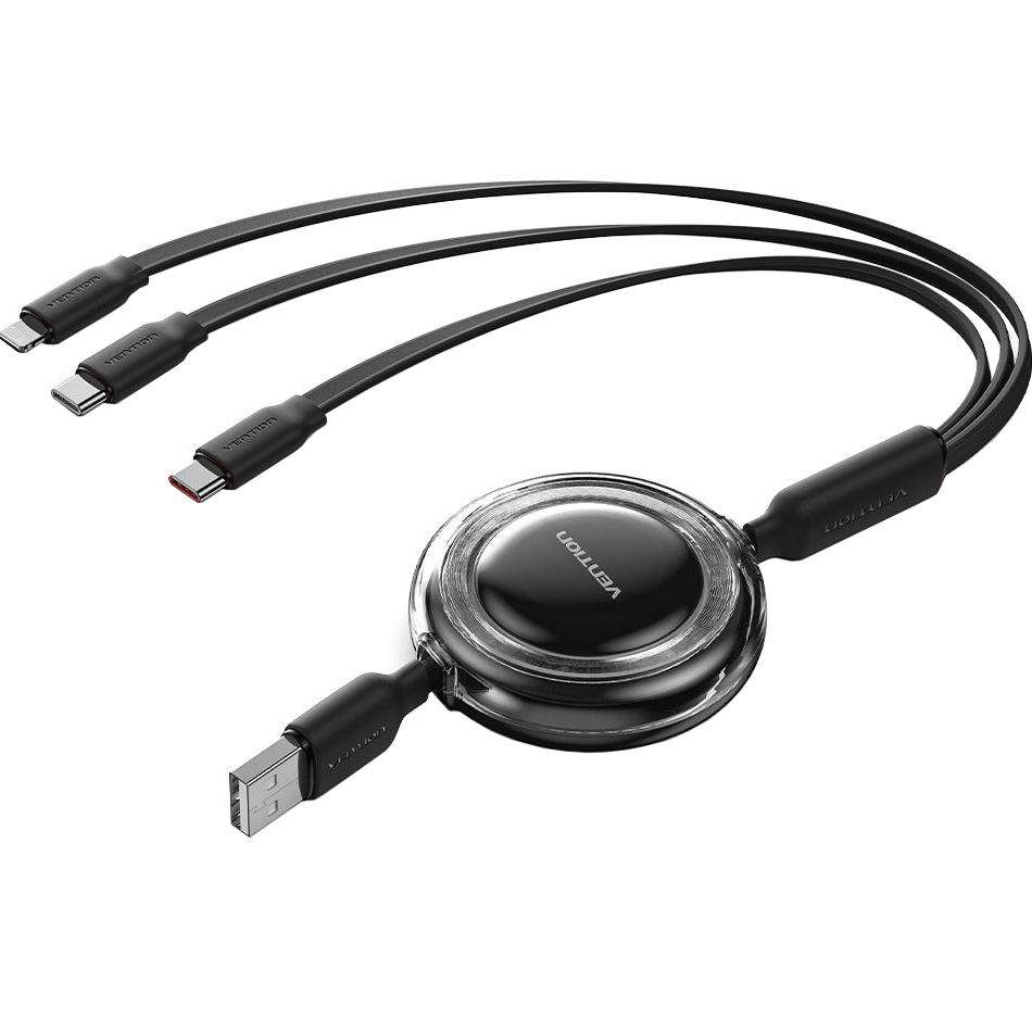 Кабель VENTION 3-in-1 USB-A to Dual Type-C/Lightning Retractable Charging Cable 1.1м Black (TRJBBE)