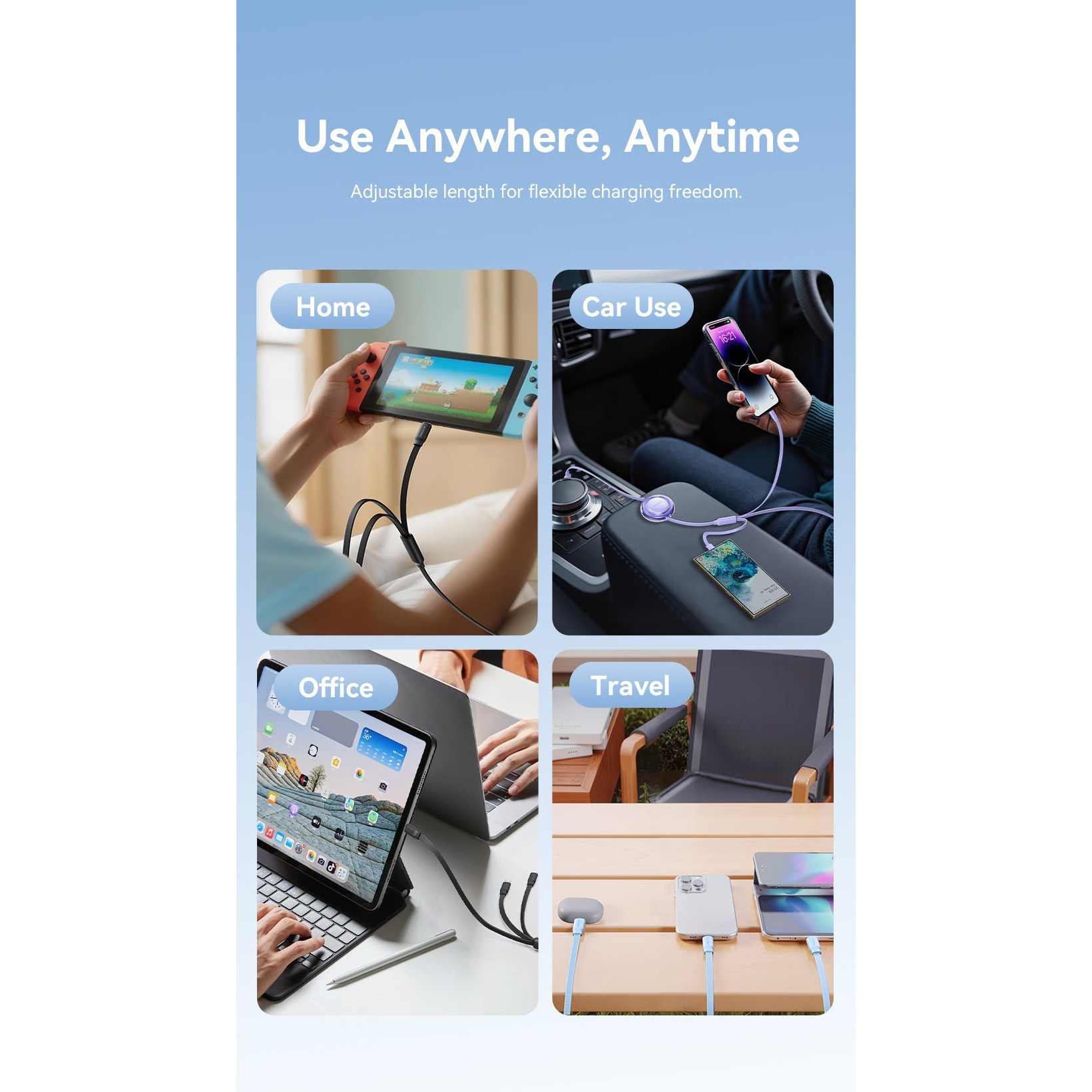 Кабель VENTION 3-in-1 USB-A to Dual Type-C/Lightning Retractable Charging Cable 1.1м Black (TRJBBE)