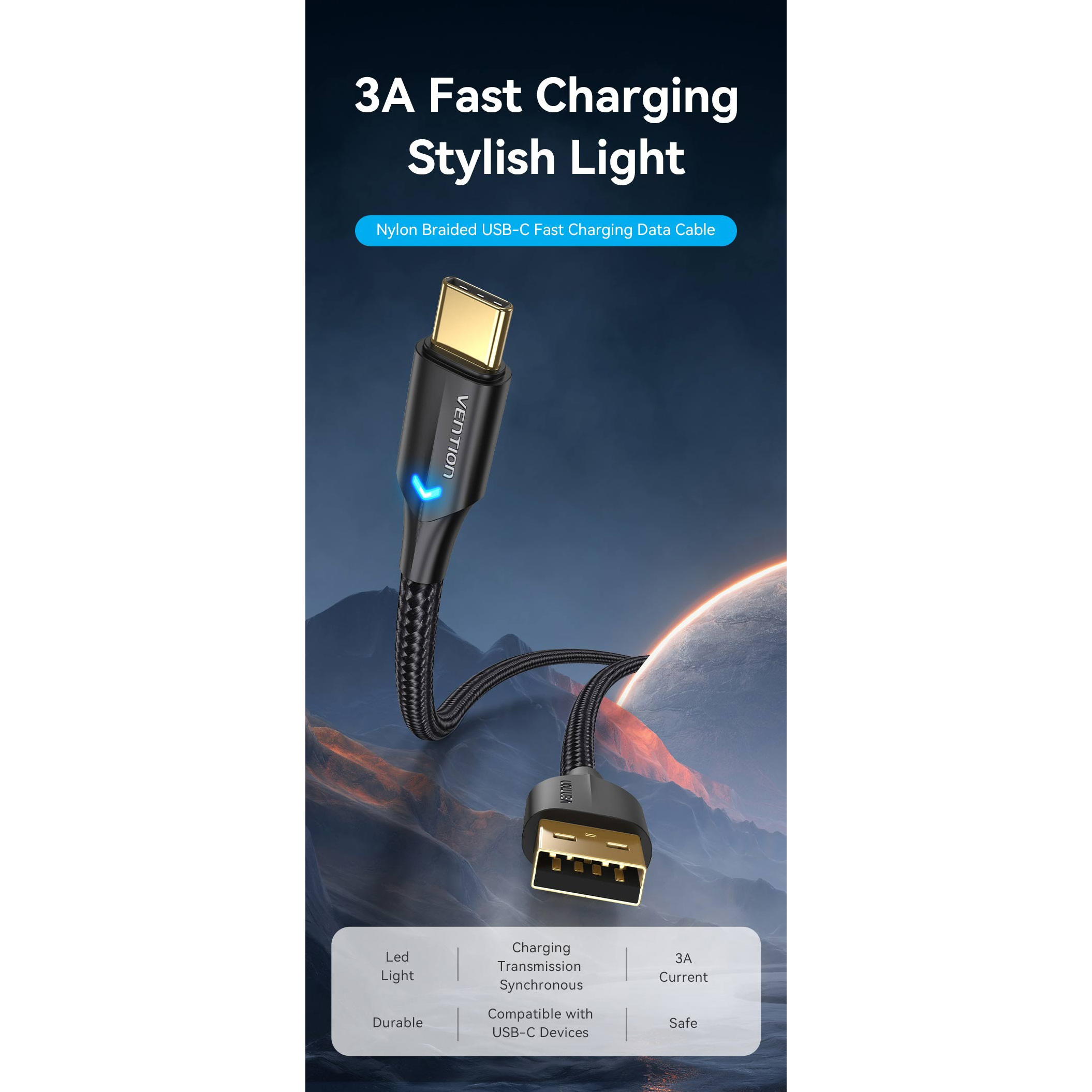 Кабель VENTION USB 2.0 A Male to Type-C Male 3A Cable LED Type 1.5м Black (CTFBG)