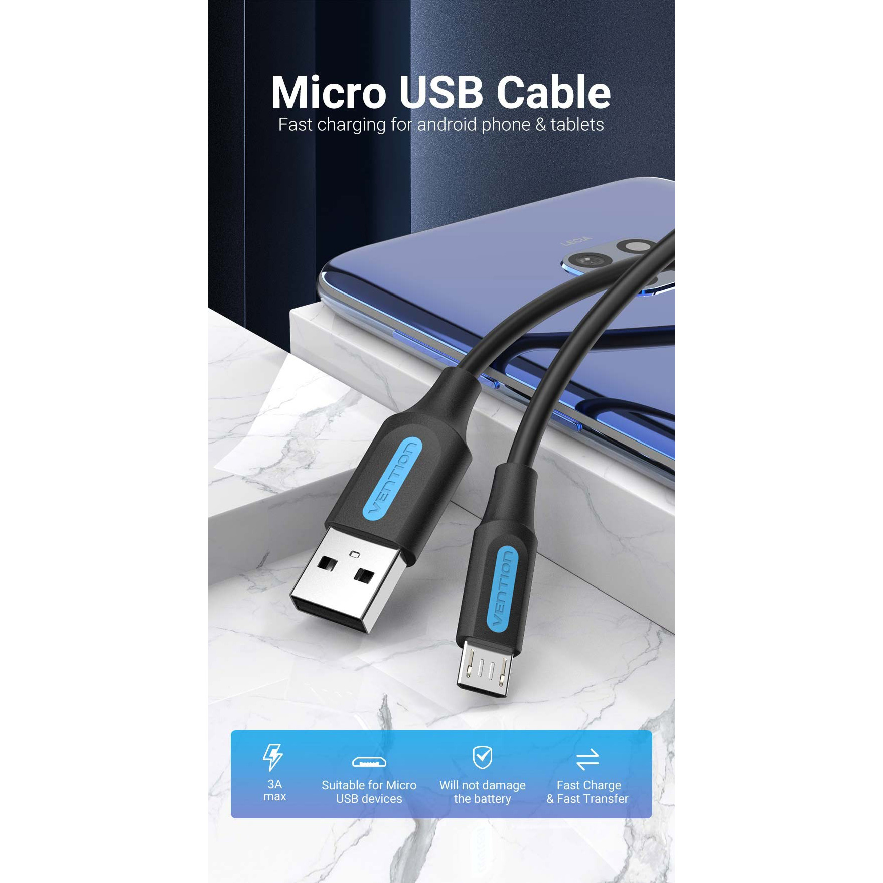 Кабель VENTION USB 2.0 AM to Micro-BM 3A 1м Black (COLBF)