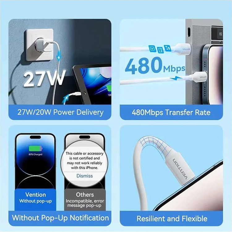 Кабель VENTION USB 2.0 Type-C Male to Lightning Male PD27W 3A 1м White (LAJWF)