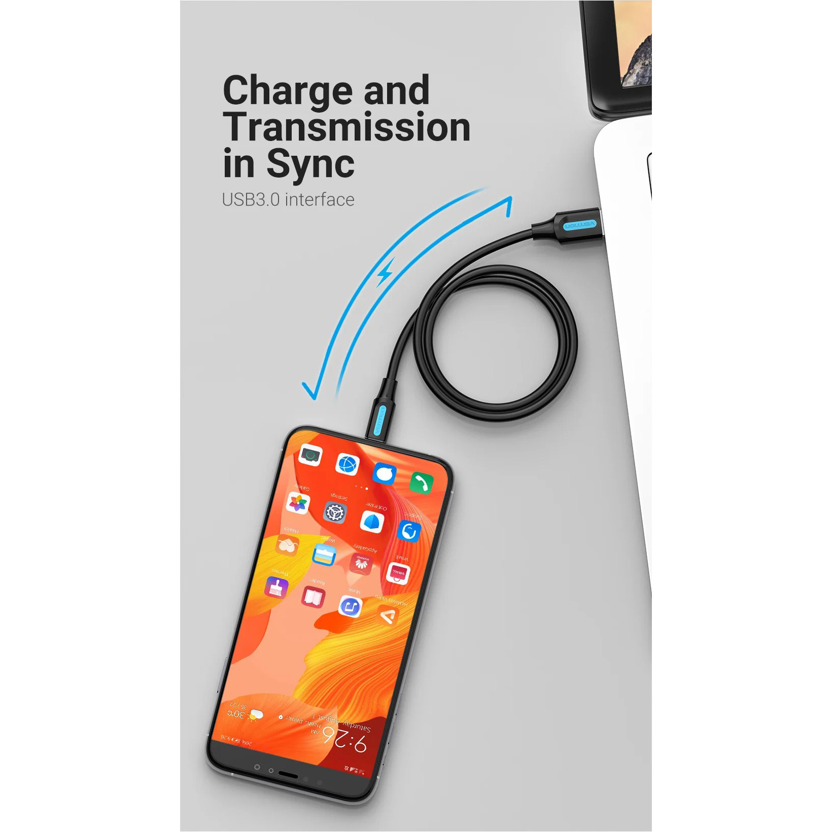 Кабель VENTION USB 3.0 A Male to Type-C Male 3A 0.15м Black (COZBG)