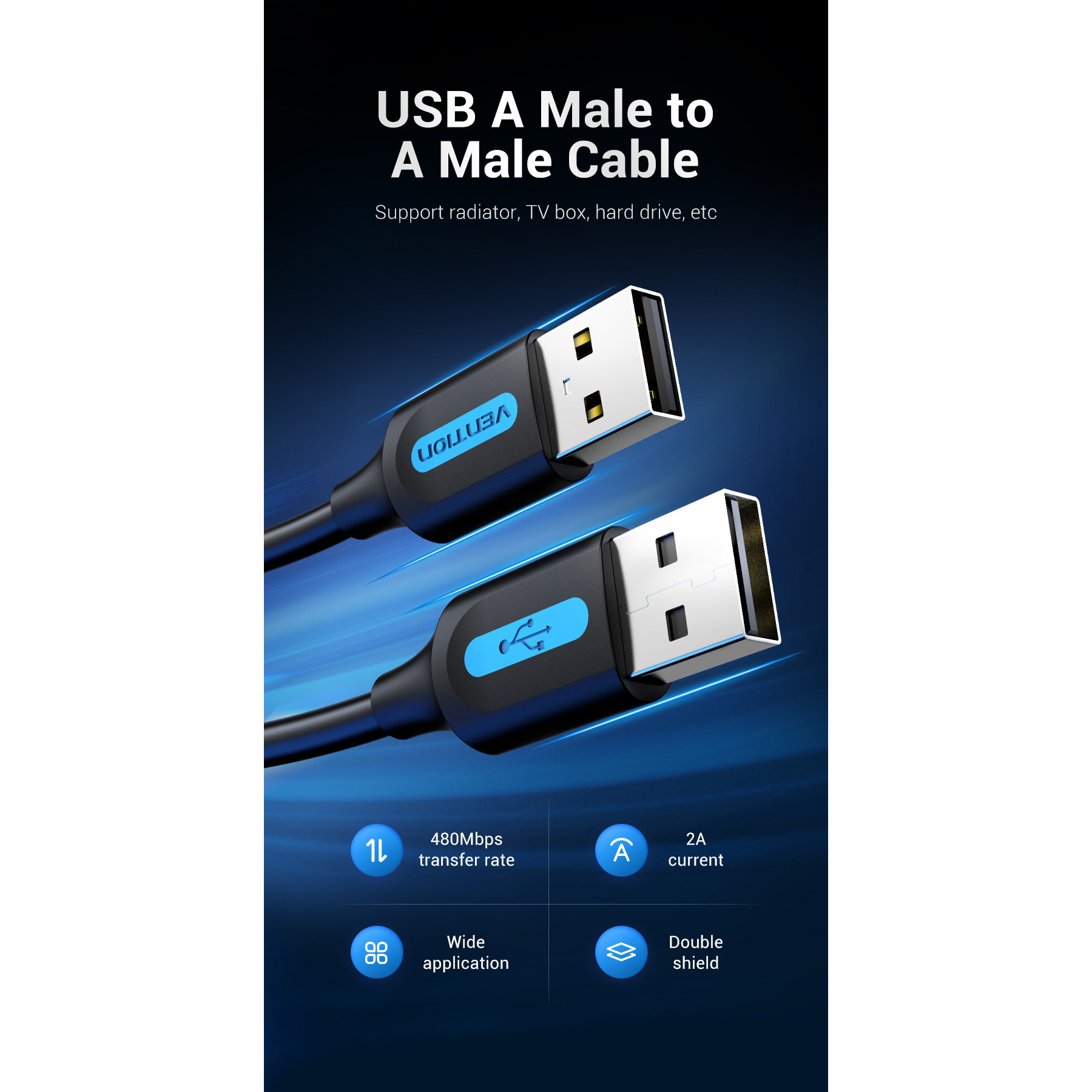 Кабель VENTION USB2.0 AM to AM Cable 1м Black (COJBF)