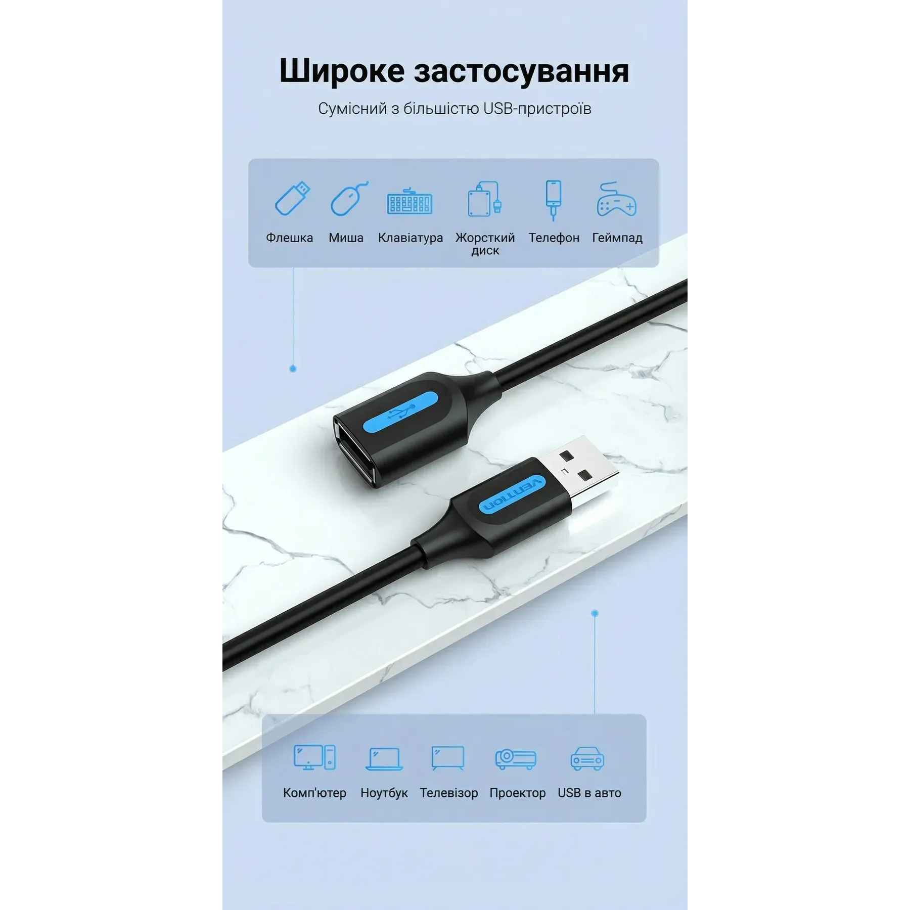 Кабель-подовжувач VENTION USB 2.0 AM/AF 0.5м (CBIBD)