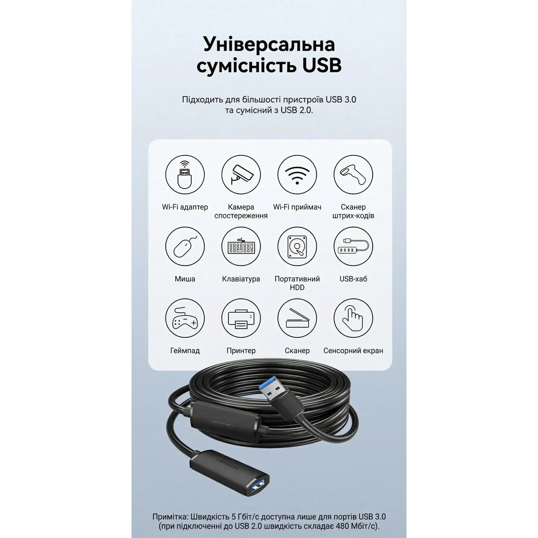 Активний USB подовжувач VENTION USB 3.0 AM/AF 5м Black (CBMBJ)